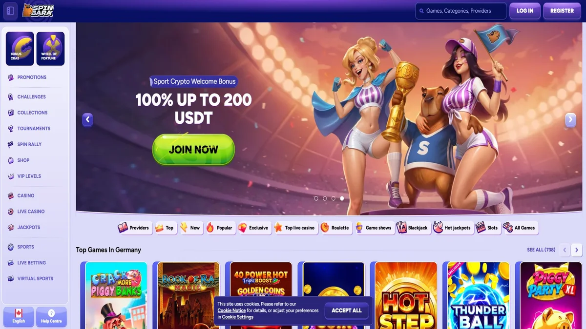 Spinbara Casino homepage overview